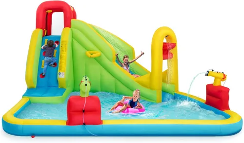 Miniatura 10 de OLAKIDS Tobogán acuático inflable, casa de rebote 7 en 1 con 2 toboganes, pared de escalada, piscina de salpicaduras, borde de baloncesto, 2