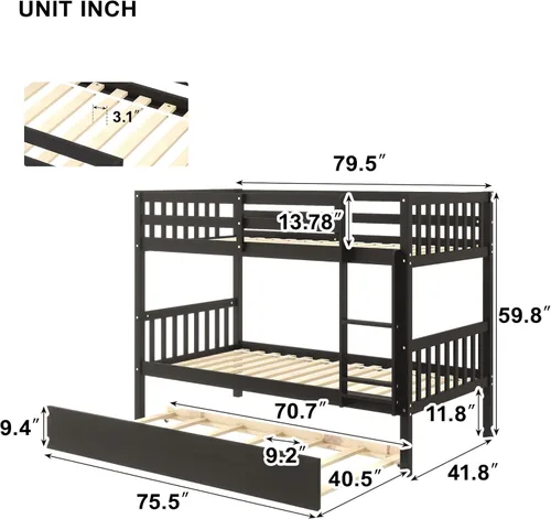 Miniatura 2 de Merax Literas individuales sobre individuales con nido, marco de cama nido de madera maciza con barandilla de seguridad y escalera, dormitorio