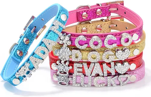 Miniatura 3 de THAIN Collares de perro brillantes personalizados con nombre, collar personalizado con diamantes de imitación para perros pequeños, medianos y Rosa