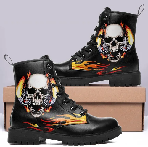Miniatura 6 de Botas de combate negras personalizadas para mujer, con lazada, estilo cráneo y rosa, botas de tacón grueso y plataforma de cuero