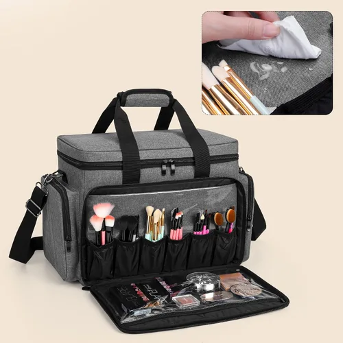 Miniatura 2 de BAFASO Bolsa de maquillaje grande con separadores extraíbles, estuche de maquillaje de viaje para cosméticos y suministros para el cabello, gris