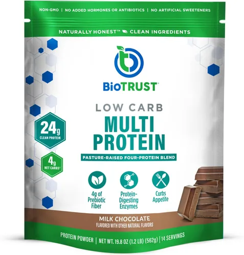 BioTrust Proteína en polvo baja en carbohidratos, deliciosa mezcla de suero y caseína de vacas alimentadas con pasto, sin OMG, sin gluten (chocolate)