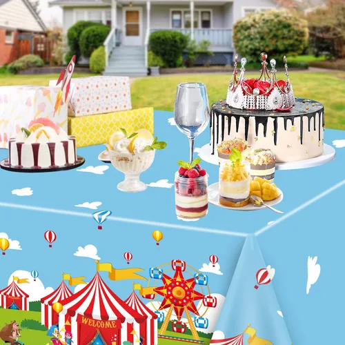 Miniatura 6 de Paquete de 4 manteles con temática de circo, 51 x 87 pulgadas, mantel rectangular desechable de plástico para carnaval, mantel a rayas rojas
