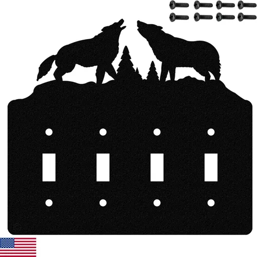 Miniatura 15 de Interruptor de luz de palanca Howling Wolves y placa de pared dúplex individual (palanca individual con potencia, negro) - Fabricado en Estados