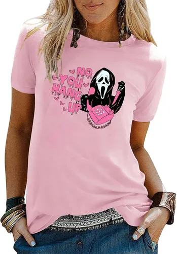 Miniatura 3 de Camiseta de Halloween con texto en inglés "No You Hang Up Scary Horror Movie Halloween" para mujer, divertida camiseta de fantasma, casual