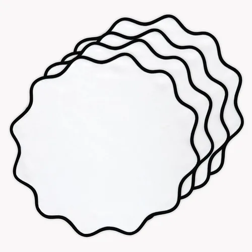 Solino Home Juego de 4 manteles individuales redondos de lino 100% lino puro en blanco y negro de 16 pulgadas, con borde festoneado Giselle, hechos