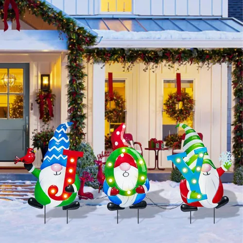 Miniatura 5 de Afirst Estacas de metal para patio de Navidad, decoración de patio al aire libre, gnomos que sostienen alegría, estacas de metal iluminadas, estaca
