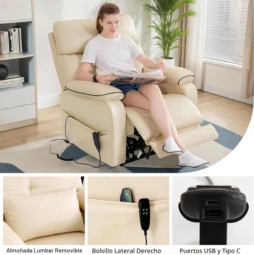 Miniatura 7 de Silla reclinable de doble motor para adultos y ancianos, silla elevadora plana de posición infinita con calor y masaje, soporte para tazas, almohada