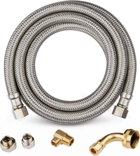 Miniatura 13 de Paquete de 1 manguera Foskan de acero inoxidable para lavavajillas de 4 pies con compilación de 3/8 pulgadas x 3/8 pulgadas MIP 90° codo, conector