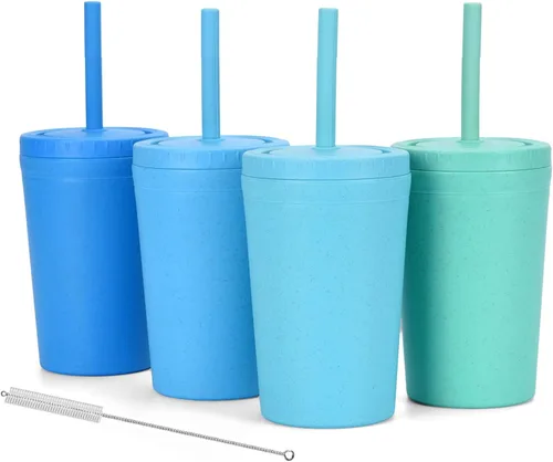 Miniatura 10 de Homestockplus Vasos reutilizables de paja de trigo con tapas y pajitas de silicona, 10 Oz resistentes a las astillas, tazas pequeñas de agua Varios
