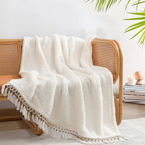 Miniatura 18 de Manta Sherpa de forro polar ultrasuave, tamaño Queen, manta de cama bohemia ligera y acogedora con borla decorativa, patrón reversible, 2 tonos