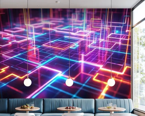 Miniatura 7 de Murales de pared de lienzo geométricos autoadhesivos de los años 80 de neón retro Synthwave 3D, líneas brillantes, papel tapiz de pared