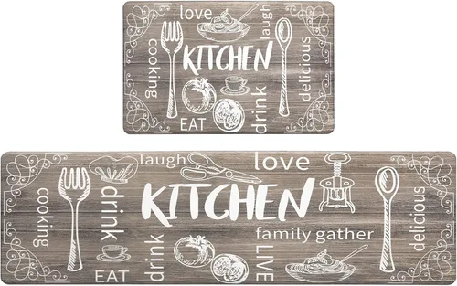 HEBE Juego de 2 alfombras de cocina antifatiga, antideslizantes, acolchadas, para piso, alfombras de cocina impermeables y cómodas, alfombras y