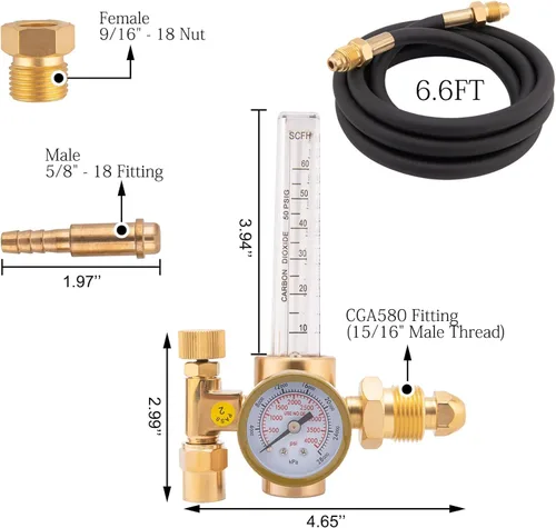 Miniatura 5 de Regulador de CO2 de argón para regulador de gas de soldador Mig con manguera de gas de 6.6 pies Cfh Flujo de salida de 10 a 60 Cfh 0 a 4000 Psi