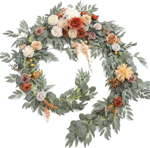 Miniatura 12 de Ling's moment Guirnalda de eucalipto y hojas de sauce de 9 pies con flor blanca, artesanal, centros de mesa para mesa de novios, decoración de mesa