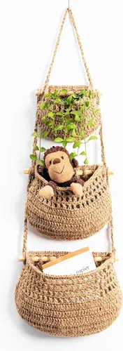 Cesta colgante de frutas, cesta colgante de pared de yute tejida de 3 niveles para organizar, cesta colgante de productos para almacenamiento de