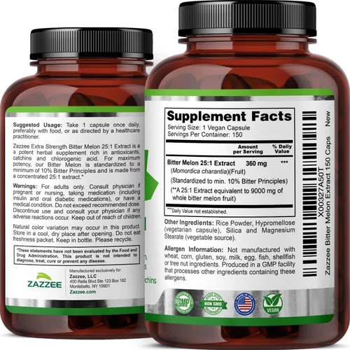 Miniatura 8 de Zazzee Extracto de melón amargo extra fuerte 25:1, 9000 mg de fuerza, principios amargos del 10%, 150 cápsulas veganas, extracto estandarizado