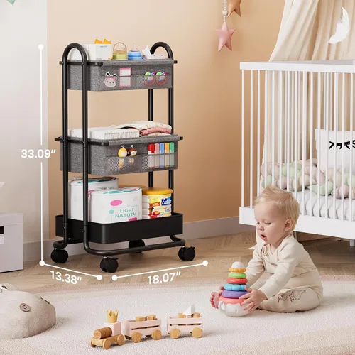 Miniatura 2 de Modanais Carrito organizador de pañales para bebé, carrito de almacenamiento rodante de 3 niveles con ruedas, artículos esenciales para bebé
