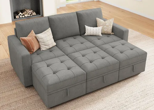 Miniatura 25 de HONBAY Sofá cama modular modular con cama extraíble, sofá en forma de L con asiento de almacenamiento, sofás seccionales para sala de estar, beige