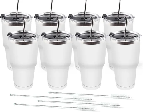 Amtidy Paquete de 8 tazas de viaje de 30 onzas, vaso de acero inoxidable recubierto de polvo de doble pared a granel, taza de café aislada duradera