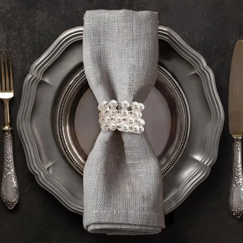 Decozen Juego de 4 servilleteros blancos con diseño de perlas, festivo, decoración de mesa para vacaciones, bodas, cumpleaños, cocina, decoración