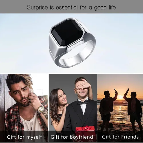 Miniatura 6 de Anillos de ónix negro para hombre, de acero inoxidable, con diseño de ágata cuadrada para hombres, anillo de pulgar meñique para papá, regalo