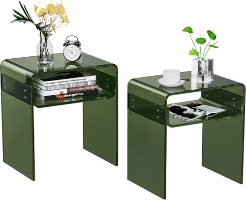 Miniatura 13 de Mesa auxiliar de 2 niveles de acrílico transparente; mesa de noche para sala de estar, dormitorio (1, Verde)