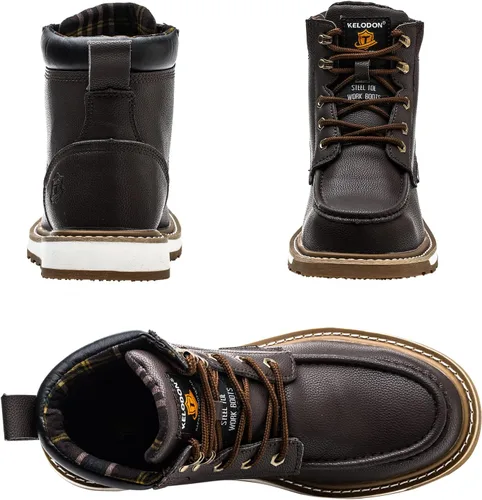 Miniatura 7 de KELODON Botas de trabajo impermeables con punta de acero para hombre, botas de trabajo de cuero de 6 pulgadas para hombre, zapatos de punta de acero