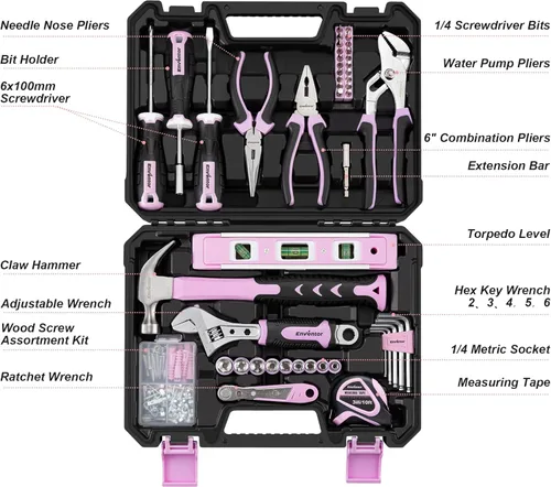 Miniatura 2 de Enventor Juego de herramientas rosas para mujeres, kit de herramientas manuales para el hogar general de 146 piezas con caja de herramientas