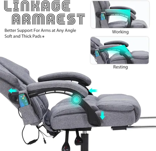 Miniatura 6 de Silla de Oficina de Masaje con Calor, Silla de Oficina Reclinable con Reposapiés, Sillas de Escritorio para el Hogar con Vibración de 6 Puntos