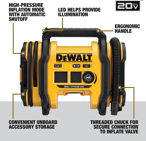Miniatura 11 de DEWALT Inflador de neumáticos, compresor de aire portátil de 20V MAX, bomba de aire para automóvil con apagado automático, luz LED, solo herramienta