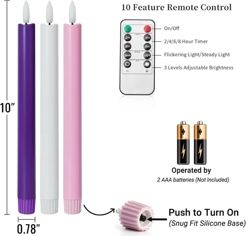 Miniatura 7 de Stmarry - Velas de Adviento sin llama, juego de 5 - Llama parpadeante LED, velas cónicas de 10 pulgadas, control remoto - 3 moradas, 1 rosa, 1