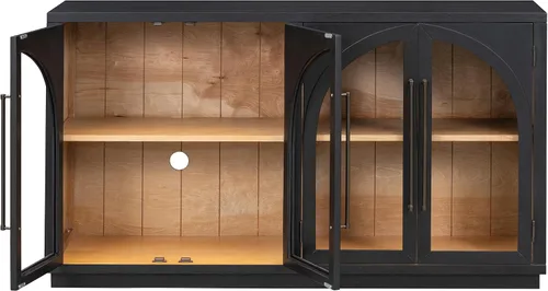 Miniatura 6 de SOFTSEA Tablero de tamaño de 60 pulgadas con puertas de vidrio arqueadas, aparador moderno de mediados de siglo con estantes ajustables para sala