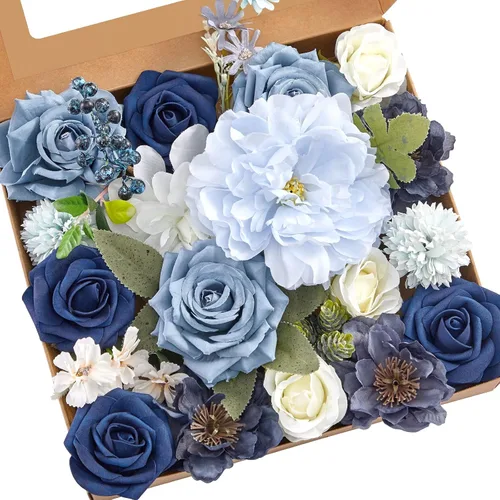 Miniatura 33 de Serwalin 2 Piezas Flores Artificiales Blancas Rosas Falsas Flores de Espuma de Seda Juego de Caja para Manualidades DIY Ramos de Pastel de Boda Un