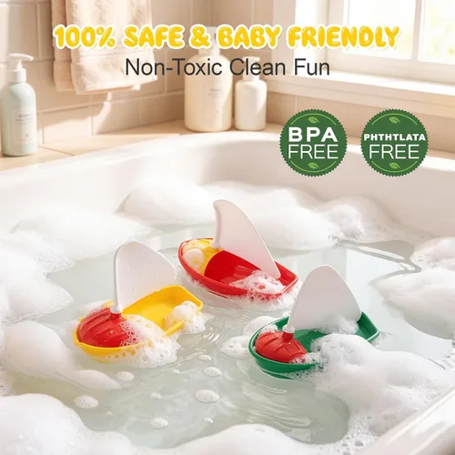 Miniatura 5 de Toyvian Barco y velero de juguete de baño, 3 piezas para niños pequeños, sin moho, pequeños barcos de plástico para bañera, juguetes acuáticos