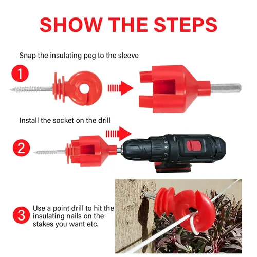 Miniatura 5 de 25 piezas de aislador eléctrico rojo para valla, poste de anillo, aislador autorroscante, aislador de poste de madera que ahorra mano de obra y 1