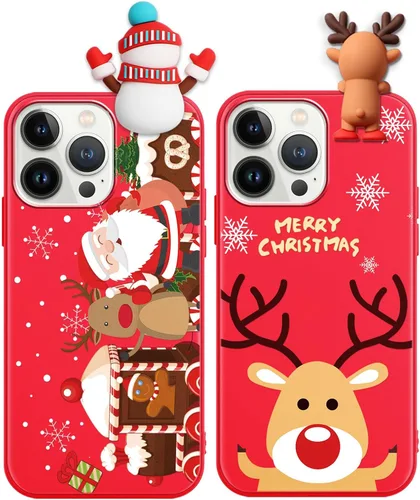 Miniatura 19 de Paquete de 2 fundas navideñas lindas para iPhone 13 Pro, patrón rojo 3D de muñeco Papá Noel muñeco de nieve Feliz Navidad de silicona suave TPU