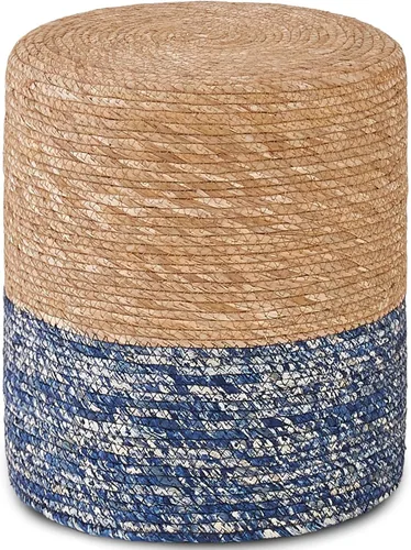 Wimarsbon Taburete Natural de Sereno Marino, Otomana Redonda Tejida a Mano, para Sala de Estar, Asiento para Exterior (Natural y Azul)