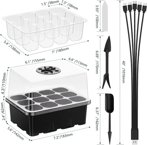 Miniatura 6 de Bandeja de inicio de semillas con luz de crecimiento, paquete de 5 60 celdas kit de inicio de semillas con cúpula de humedad y base, bandejas
