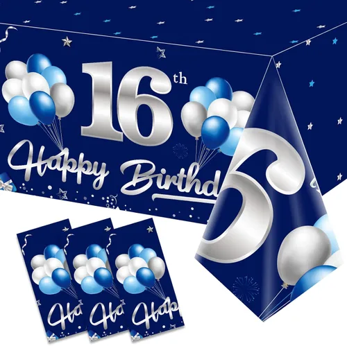 Miniatura 7 de Turypaty Paquete de 3 manteles decorativos de cumpleaños de 15 años de color azul marino para niños, manteles rectangulares desechables