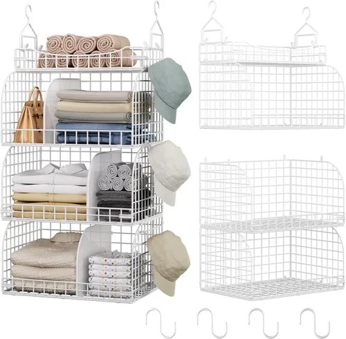 Miniatura 11 de HapiRm Organizador de armario colgante – 4 estantes apilables de metal con divisores y ganchos en S, estantes plegables para ropa, pantalones, Negro