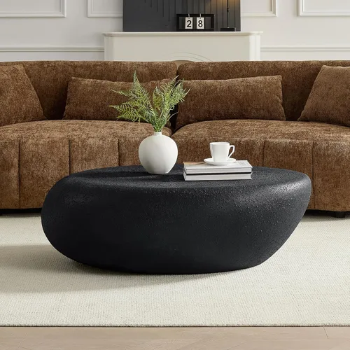 Miniatura 38 de Ø35.43'' Mesa de café redonda para sala de estar, moderna mesa de café en forma de tambor, material de fibra de vidrio, sin ensamblaje, beige
