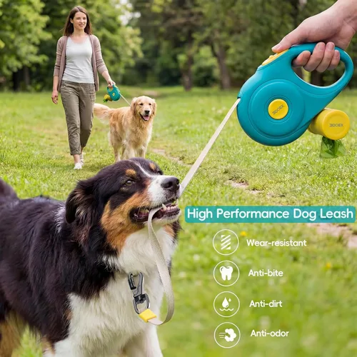 Miniatura 8 de Correa retráctil de 10 pies para perros pequeños y medianos, cinta de nailon resistente con mosquetón de bloqueo seguro y soporte para bolsa