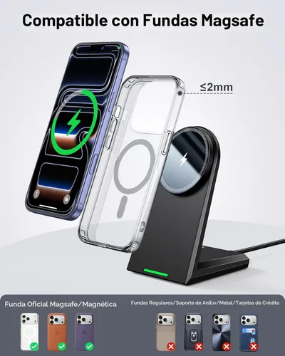 Miniatura 3 de NANAMI Soporte de cargador inalámbrico magnético de 25 W, cargador de teléfono magnético rápido, alineación N52, ajustable en 360°, LED