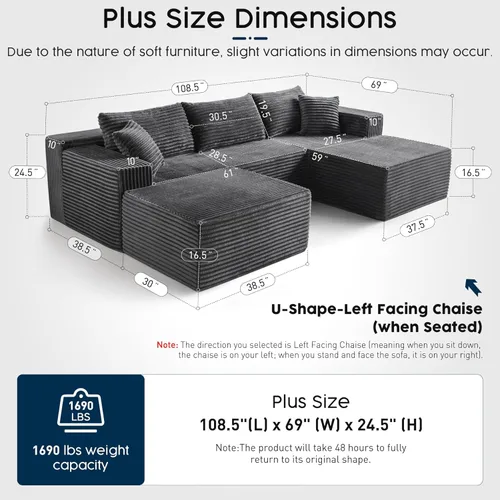 Miniatura 2 de Sofá modular gris con otomana, sofá modular de nube de 108 pulgadas para sala de estar, sofá moderno en forma de U, no requiere montaje, tela
