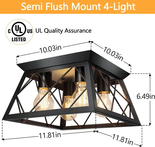 Miniatura 2 de FadimiKoo Lámpara de techo empotrada negra de 4 luces para cocina, pasillo, iluminación industrial cercana al techo, lámpara de jaula cuadrada