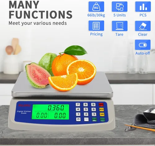 Miniatura 5 de Gran báscula digital de cocina 30KG báscula comercial de alimentos 66LB para hornear pan carne acero inoxidable báscula de cálculo de precios GRIS