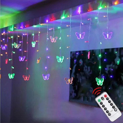 Miniatura 11 de Luces de cortina de mariposas, 13 pies, 96 luces LED USB, luces de hadas para ventana, 16 mariposas, 8 modos, luces de luciérnaga, centelleo, Blanco