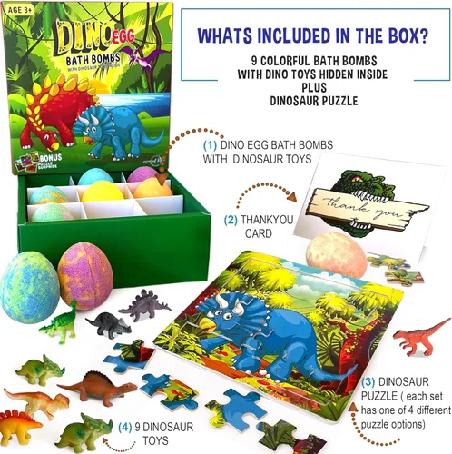 Miniatura 2 de Bombas de baño para niños con juguetes sorpresa en el interior, rompecabezas de dinosaurios, juego de 9 bombas de baño orgánicas de huevo