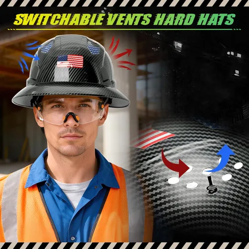 Miniatura 4 de Casco duro de ala completa con patrón de fibra de carbono con visera, casco de seguridad de construcción aprobado por la OSHA para hombres y Fibra